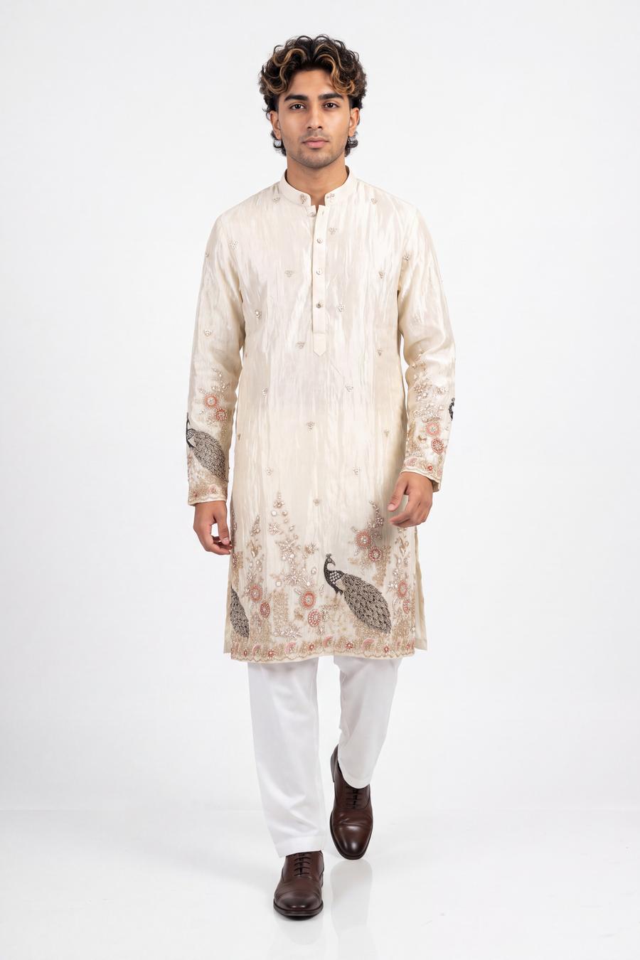 Ivory crushed tissue silk kurta in motion, peacock border swinging at the hem