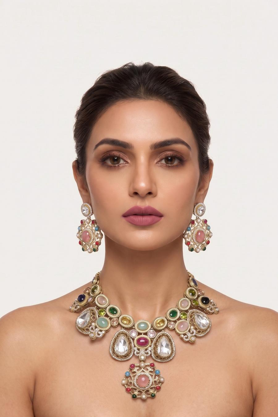 Model wearing the Wear Wali jewel tone medallion bib necklace in gold, set with clear polki and pastel cabochons