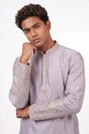 Lavender grey kurta, waist up, closed collar and slim embroidered placket with small buttons