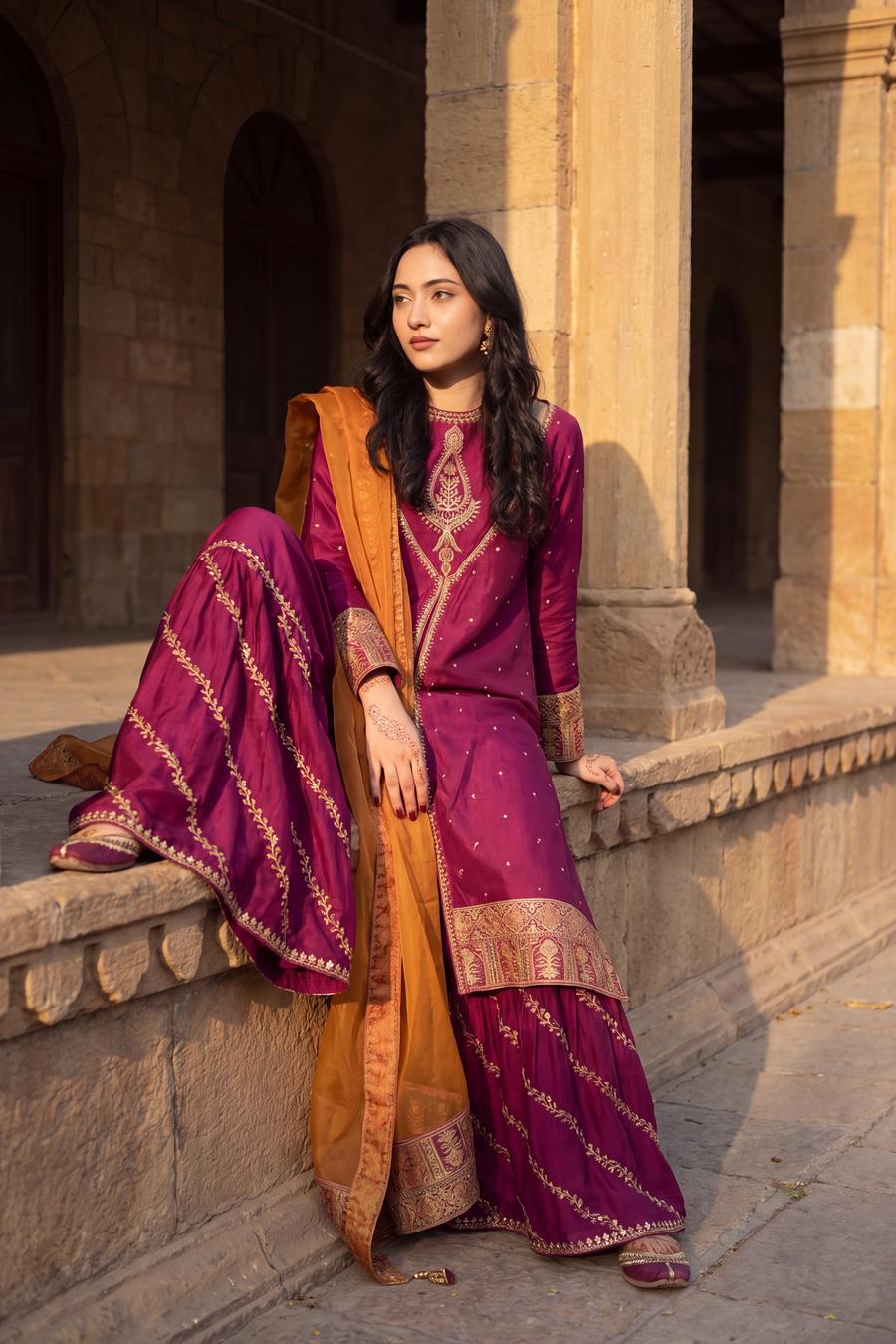 Magenta long shirt and sharara with marigold dupatta, seated on a stone ledge showing the gold striped sharara flare