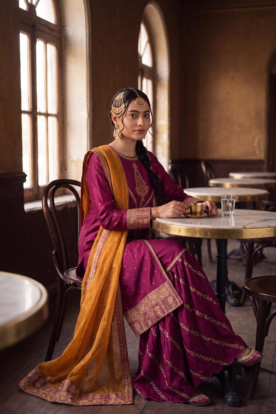 Magenta long shirt and sharara with marigold dupatta, seated at a table showing the gold border on the sharara