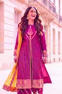 Magenta Long Shirt with Sharara and Marigold Organza Dupatta, close up of the work, detail 6