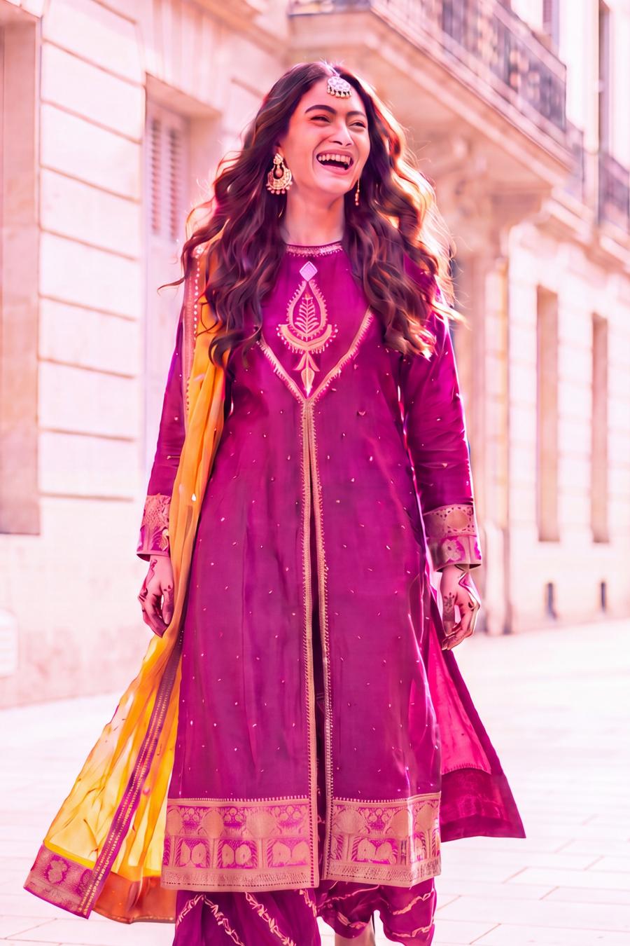 Magenta Long Shirt with Sharara and Marigold Organza Dupatta, close up of the work, detail 6