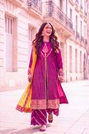 Magenta Long Shirt with Sharara and Marigold Organza Dupatta, close up of the work, detail 7