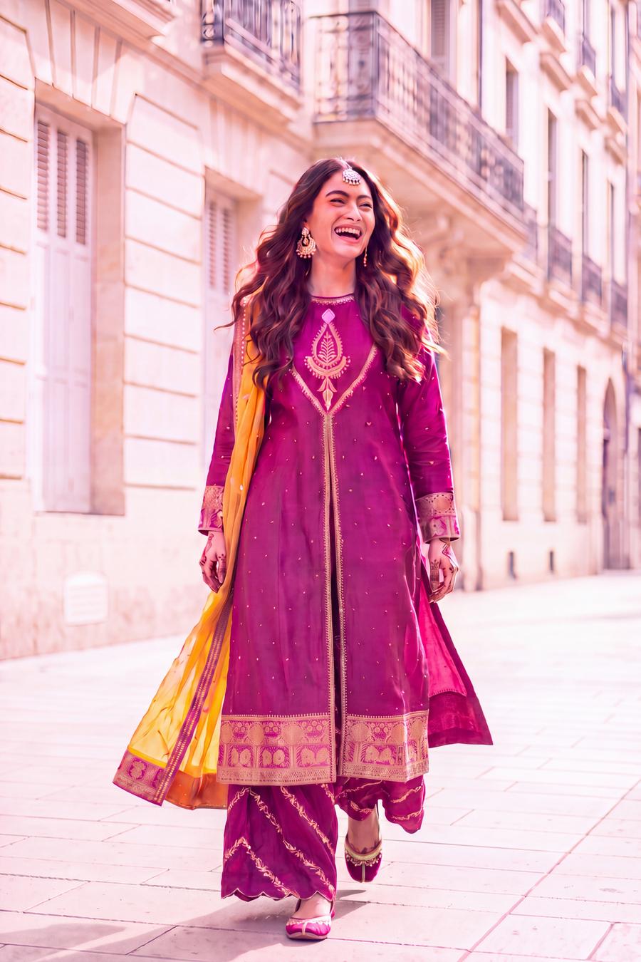 Magenta Long Shirt with Sharara and Marigold Organza Dupatta, close up of the work, detail 7