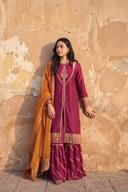 Magenta long shirt with gold work neckline, magenta sharara and marigold organza dupatta, full length front view