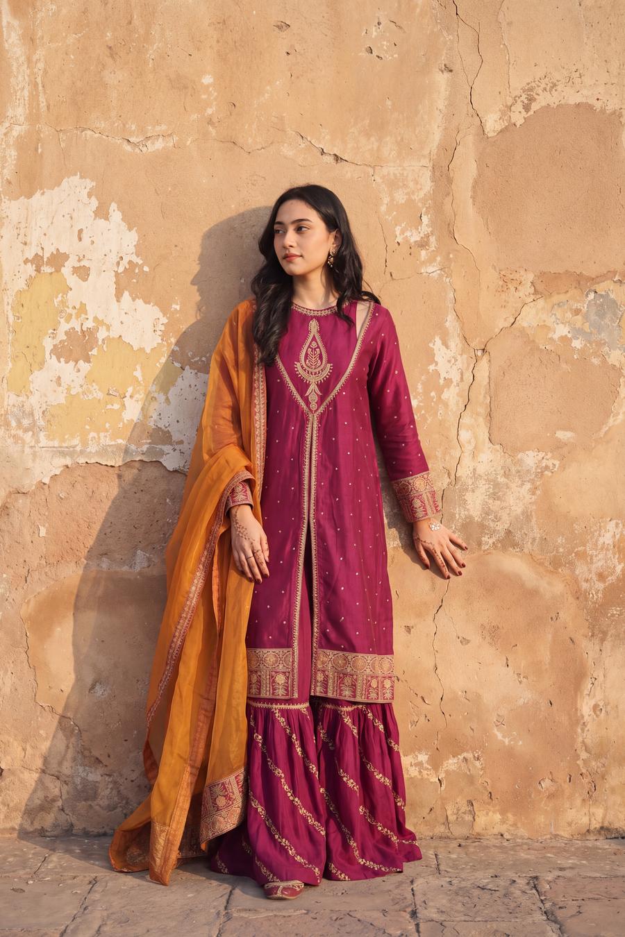 Magenta long shirt with gold work neckline, magenta sharara and marigold organza dupatta, full length front view