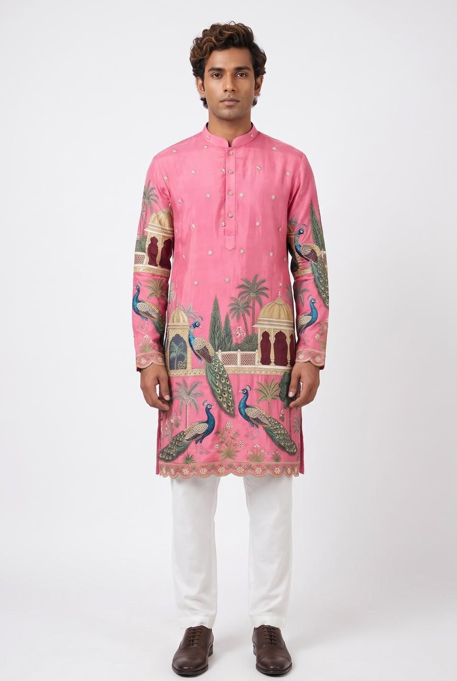 Magenta men's kurta with a peacock scene embroidered on the chest, worn by a model in a full length frame