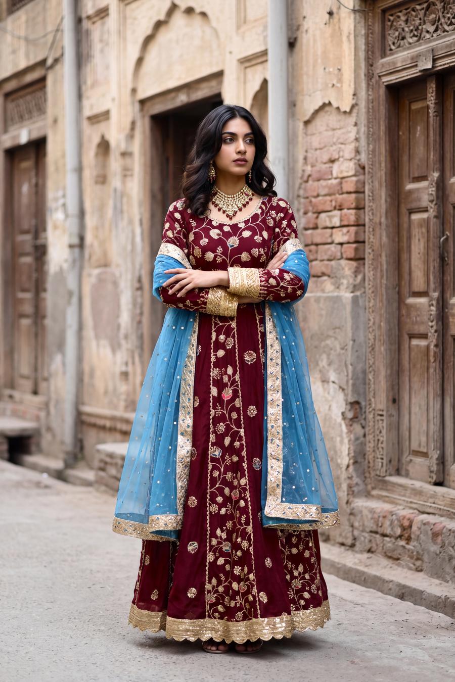 Maroon raw silk anarkali with gold floral embroidery and a sky blue net dupatta, full length front view