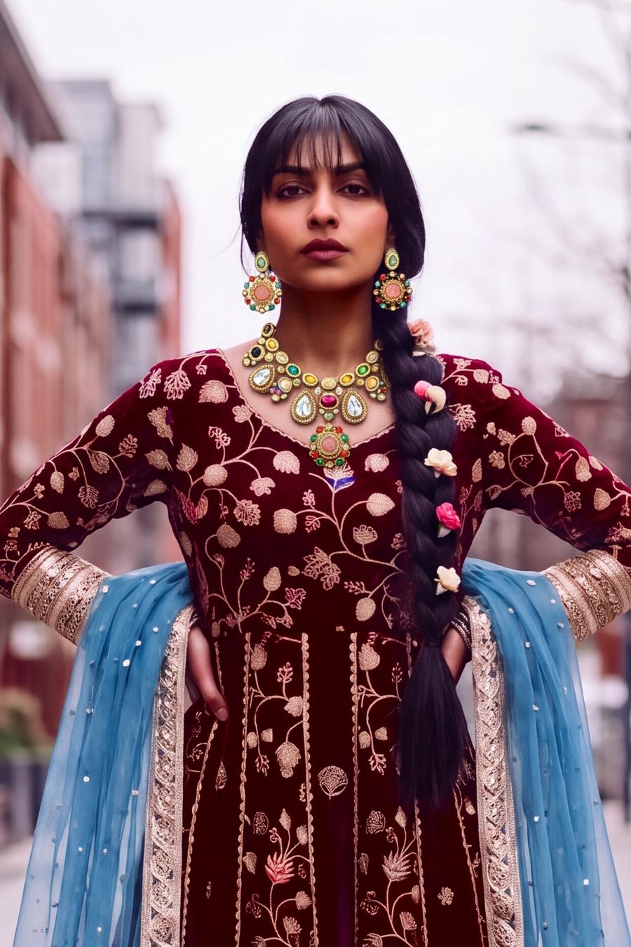 Maroon and gold anarkali with blue organza dupatta, waist-up front view with kundan necklace