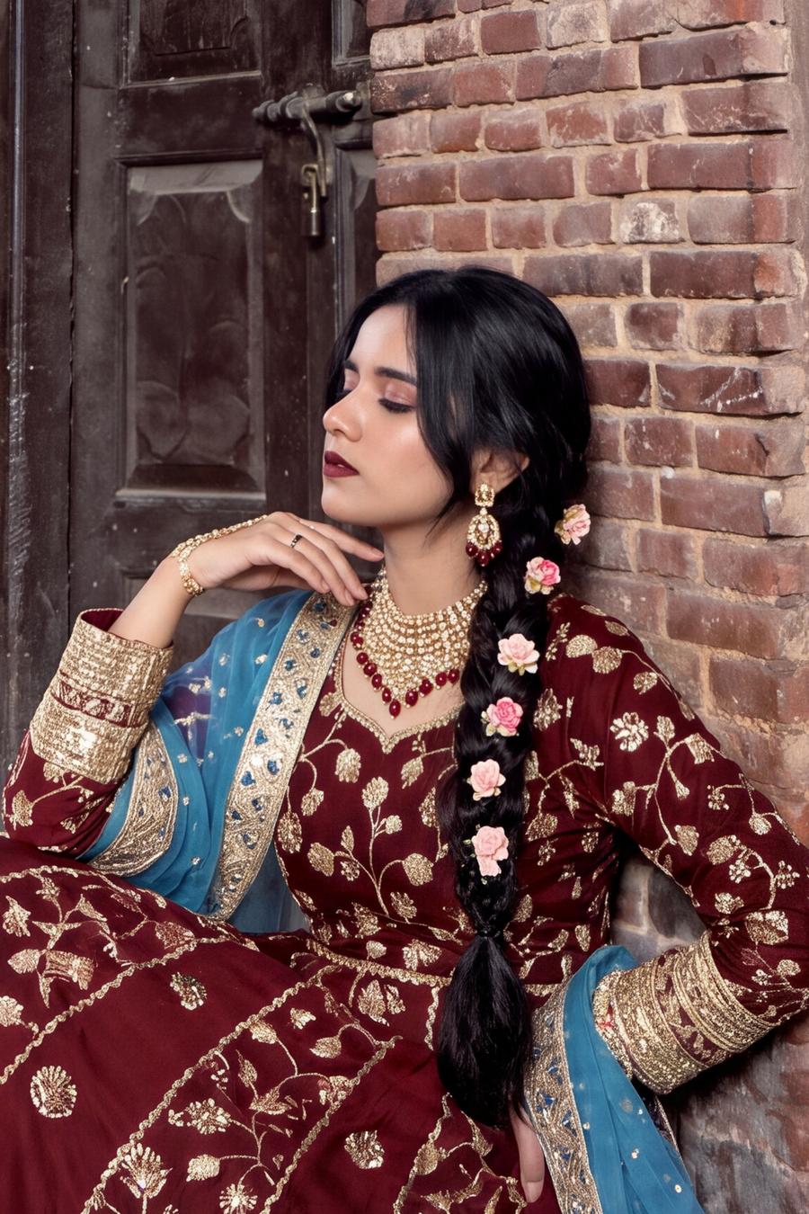 Maroon and gold anarkali with blue organza dupatta, seated side view showing sleeve and braid