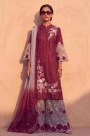 Maroon long shirt with gray palazzo, front view styled with sunglasses, floral embroidery on the chest and hem