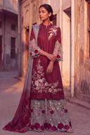 Maroon long shirt with ivory floral embroidery and gray embroidered palazzo, full length front view with ombre dupatta