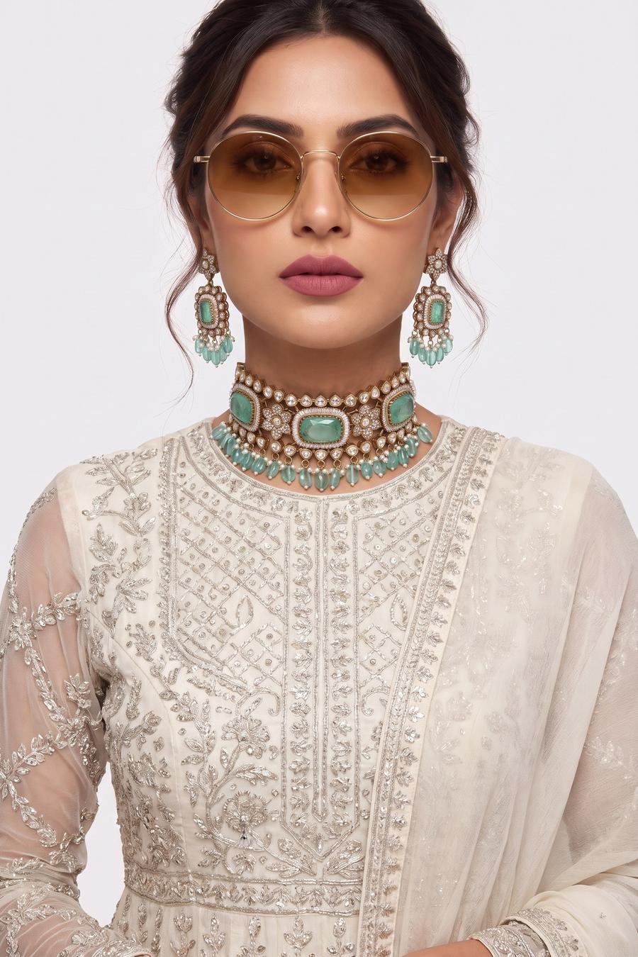 Mint Green Kundan Choker Set, close up of the work, detail 3