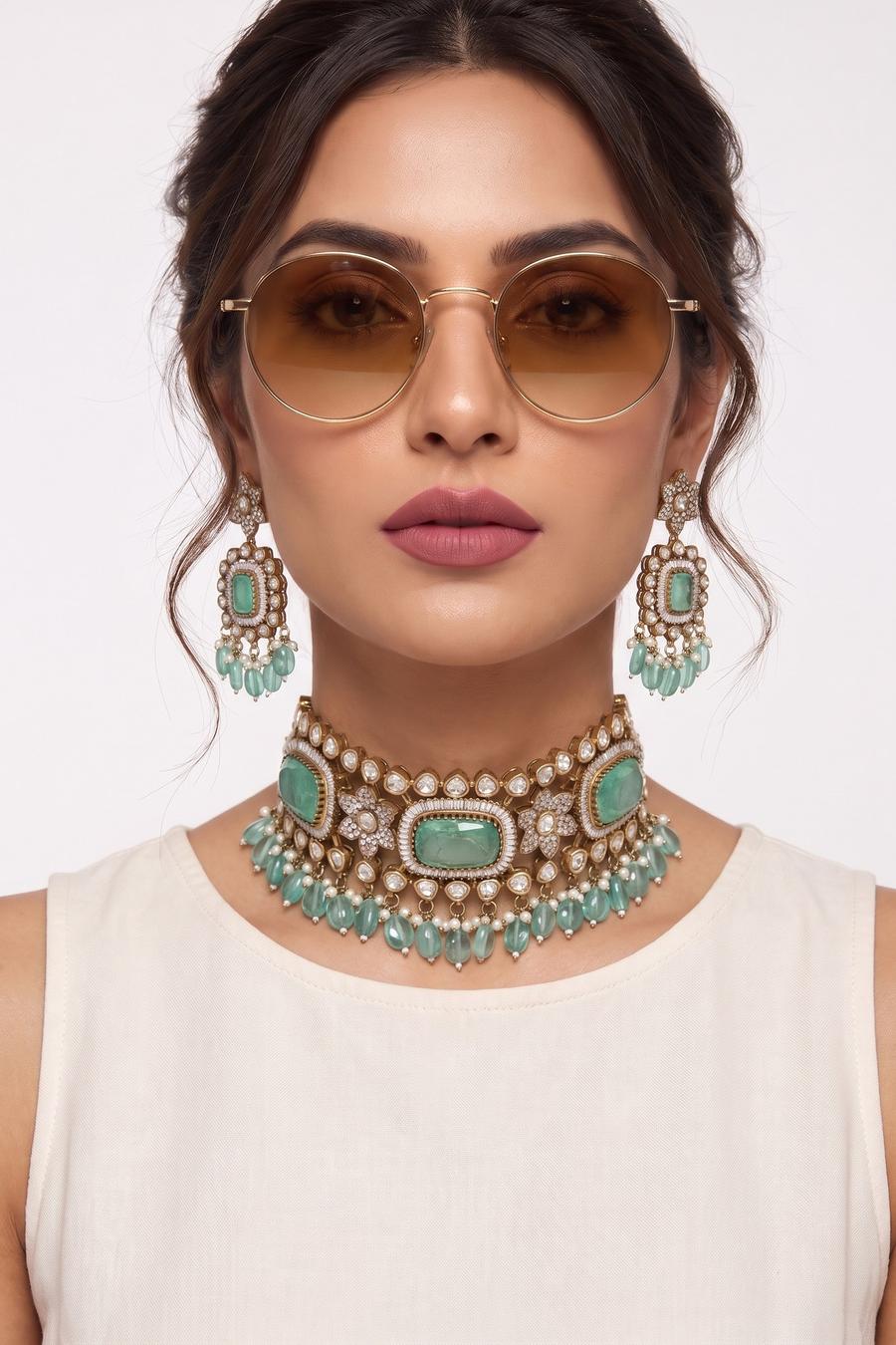 Mint Green Kundan Choker Set, full length front view