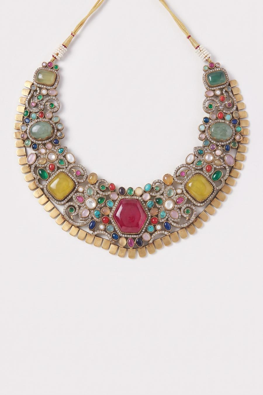 Multicolor Victorian Bib Necklace Set, close up of the work, detail 1