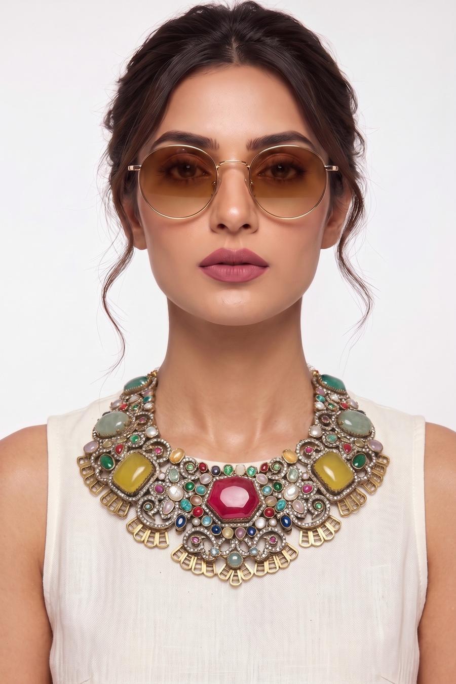 Multicolor Victorian Bib Necklace Set, full length front view