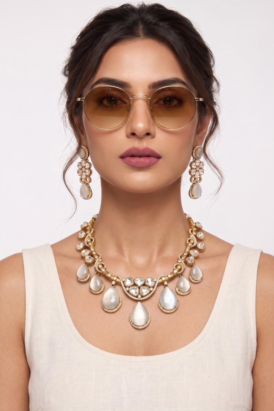 Opal Teardrop Kundan Necklace Set, full length front view
