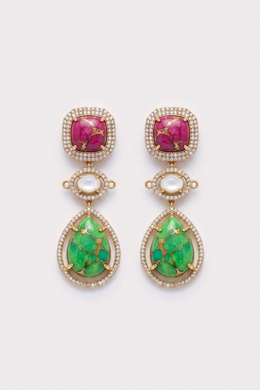Pink and Green Multi Stone Drop Earrings, close up of the work, detail 1