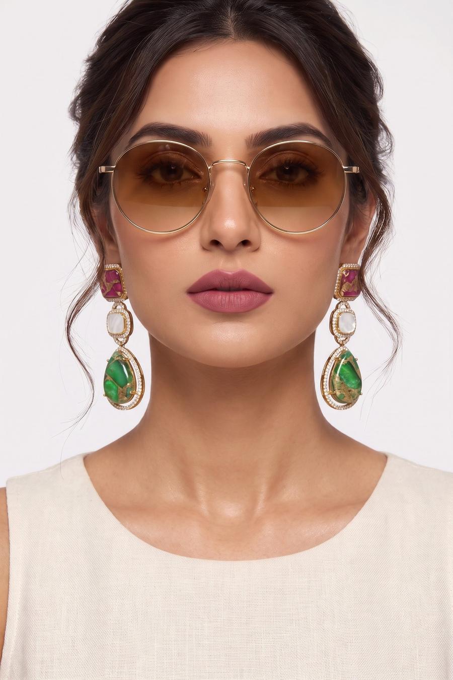 Pink and Green Multi Stone Drop Earrings, full length front view