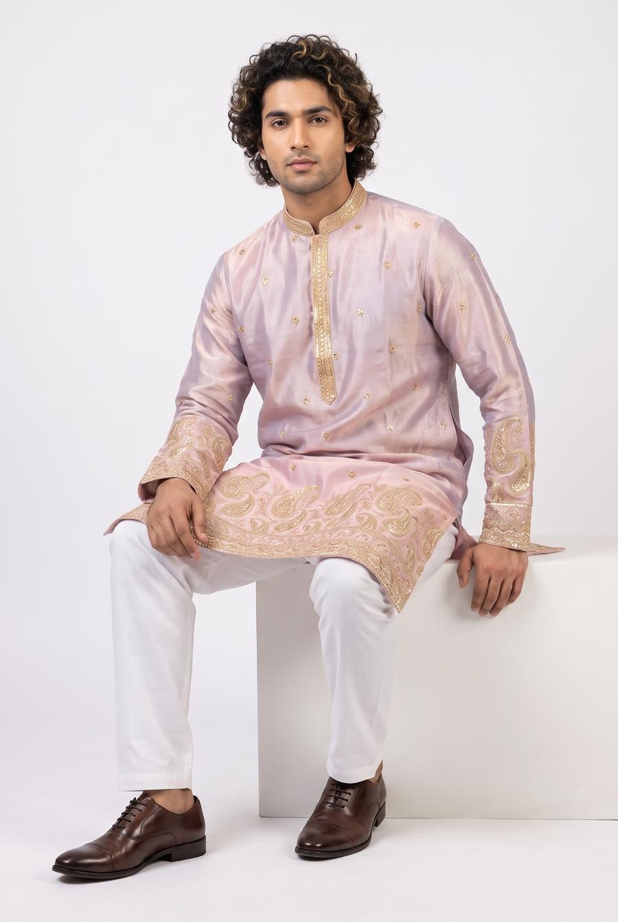 Pink tissue two tone men's kurta with gold embroidery, worn by a model in an editorial full length frame