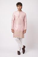 Pink tissue two tone men's kurta with gold embroidery, worn by a model in a straight on full length frame