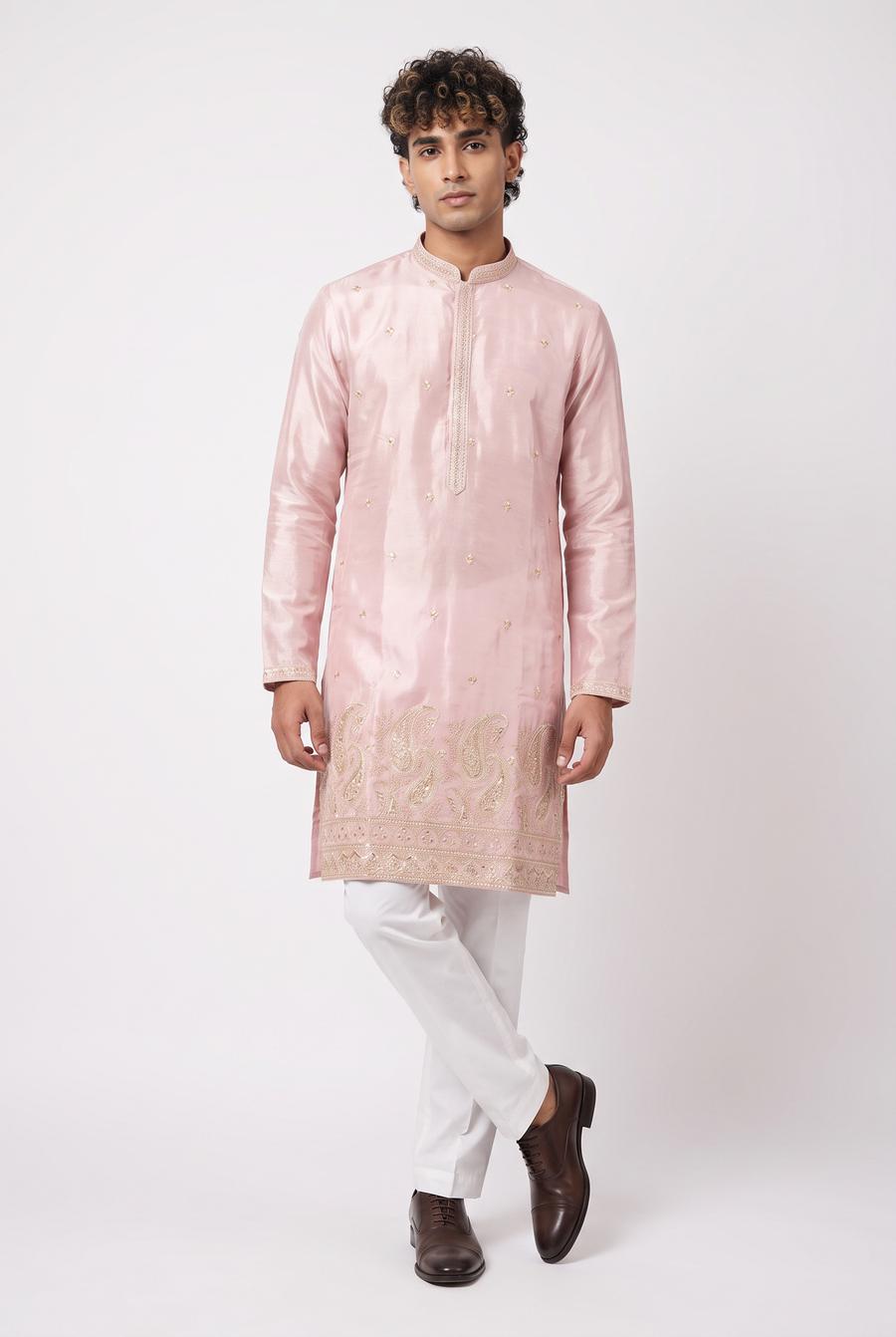 Pink tissue two tone men's kurta with gold embroidery, worn by a model in a straight on full length frame