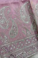 Macro close up of the embroidered placket and button detail on the pink tissue two tone men's kurta