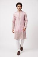 Pink tissue two tone men's kurta with gold embroidery, worn by a model mid stride, full length