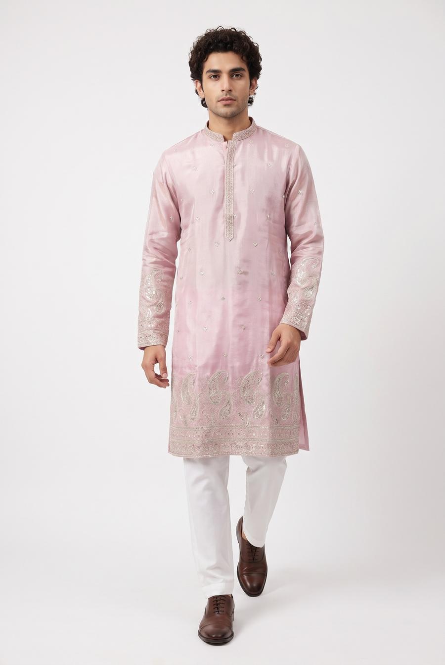 Pink tissue two tone men's kurta with gold embroidery, worn by a model mid stride, full length