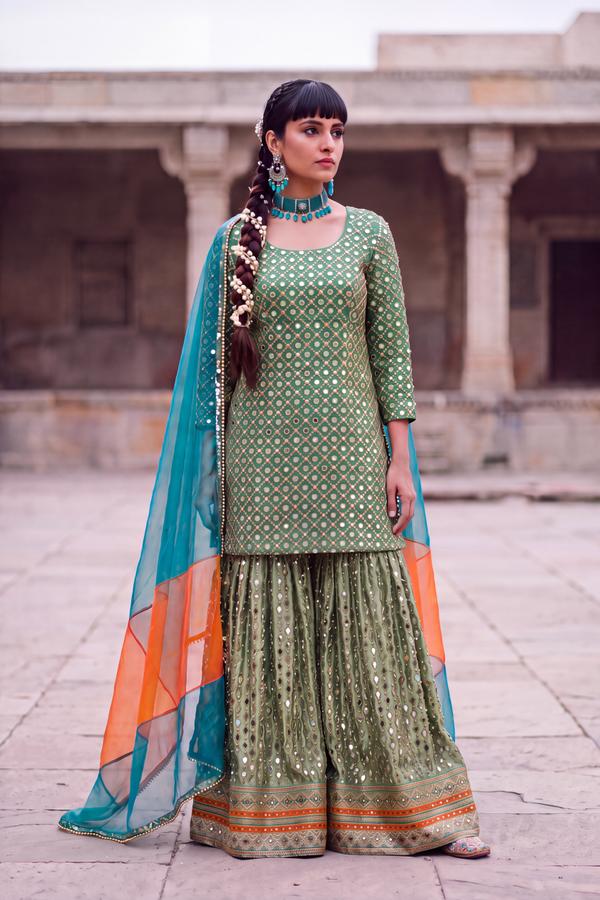 Pistachio mirror work sharara with teal and orange organza dupatta, full length front view