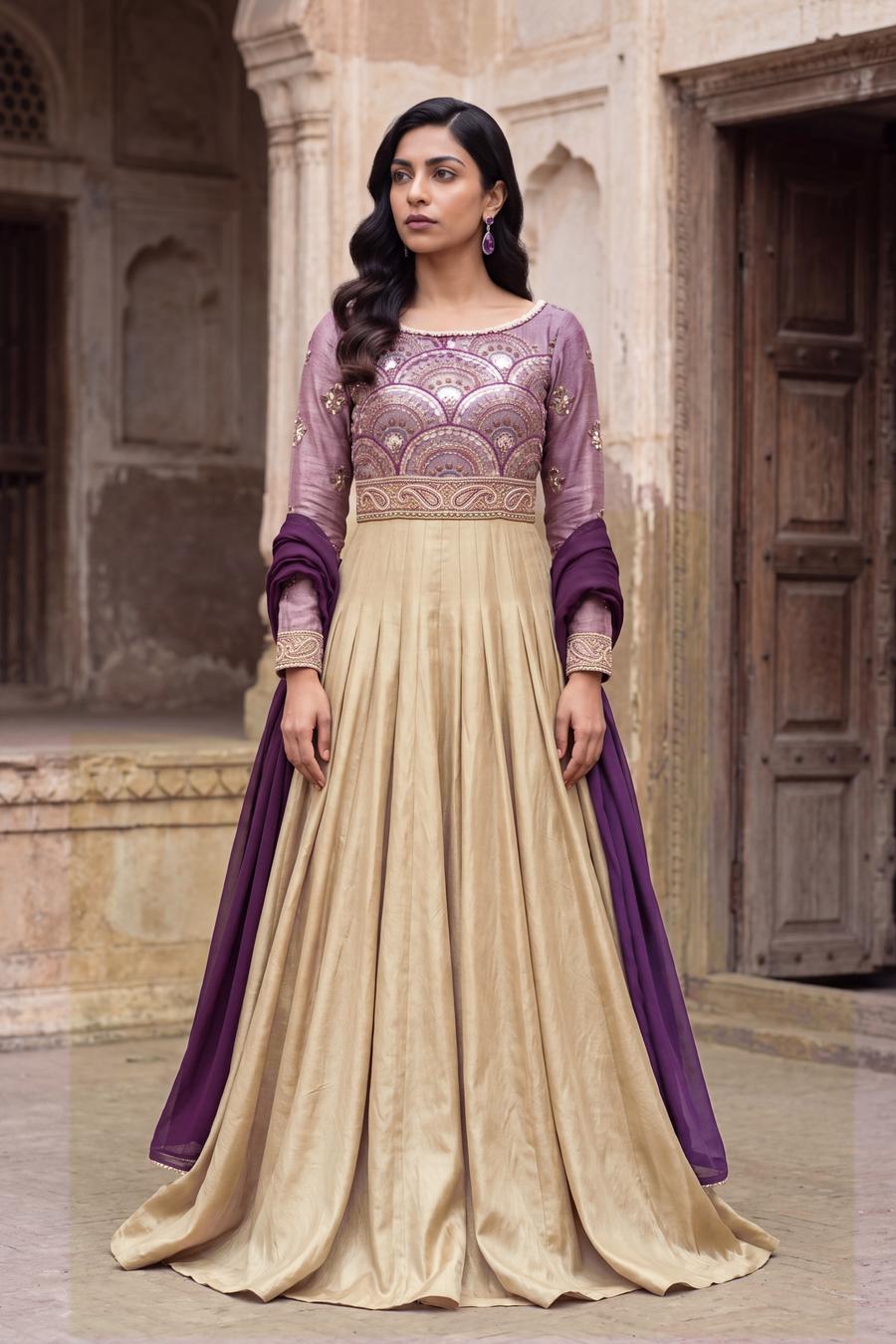 Purple Choli Gold Lehenga, full length front view, South Asian occasionwear