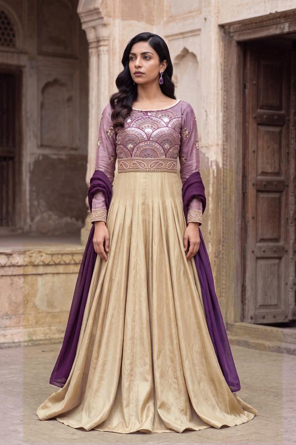 Mauve Embroidered Shirt with Gold Lehenga, full length front view, South Asian occasionwear