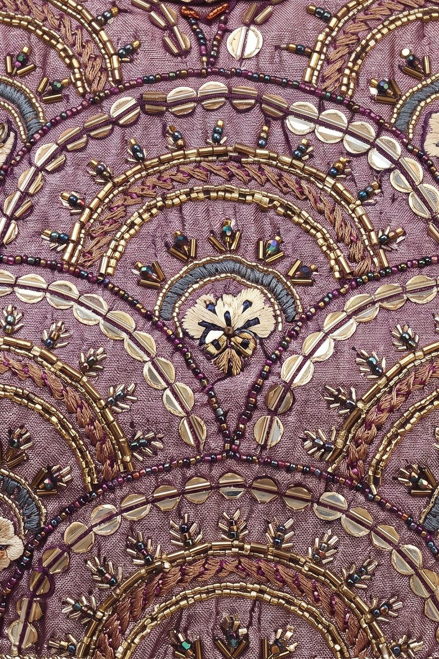 Purple choli, close up of the gold sequin and bead fan embroidery, rendered detail