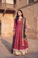 Red banarasi long shirt with beige sharara and dark green dupatta, full length front view