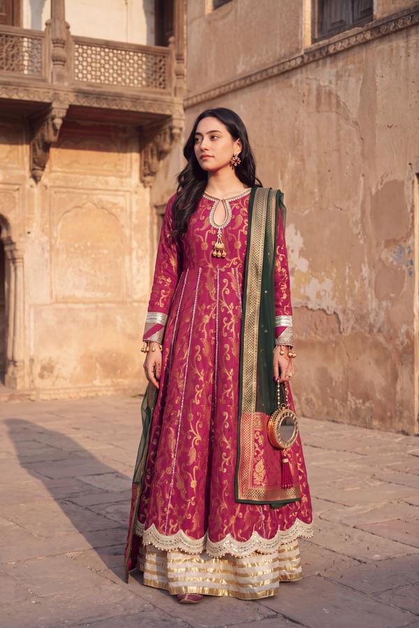Red banarasi long shirt with beige sharara and dark green dupatta, full length front view