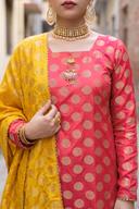 Red Gold Dot Long Shirt Orange Churidar Mustard Dupatta, close up of the work, detail 1