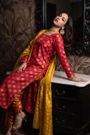 Red Gold Dot Long Shirt Orange Churidar Mustard Dupatta, styled full length view, detail 2