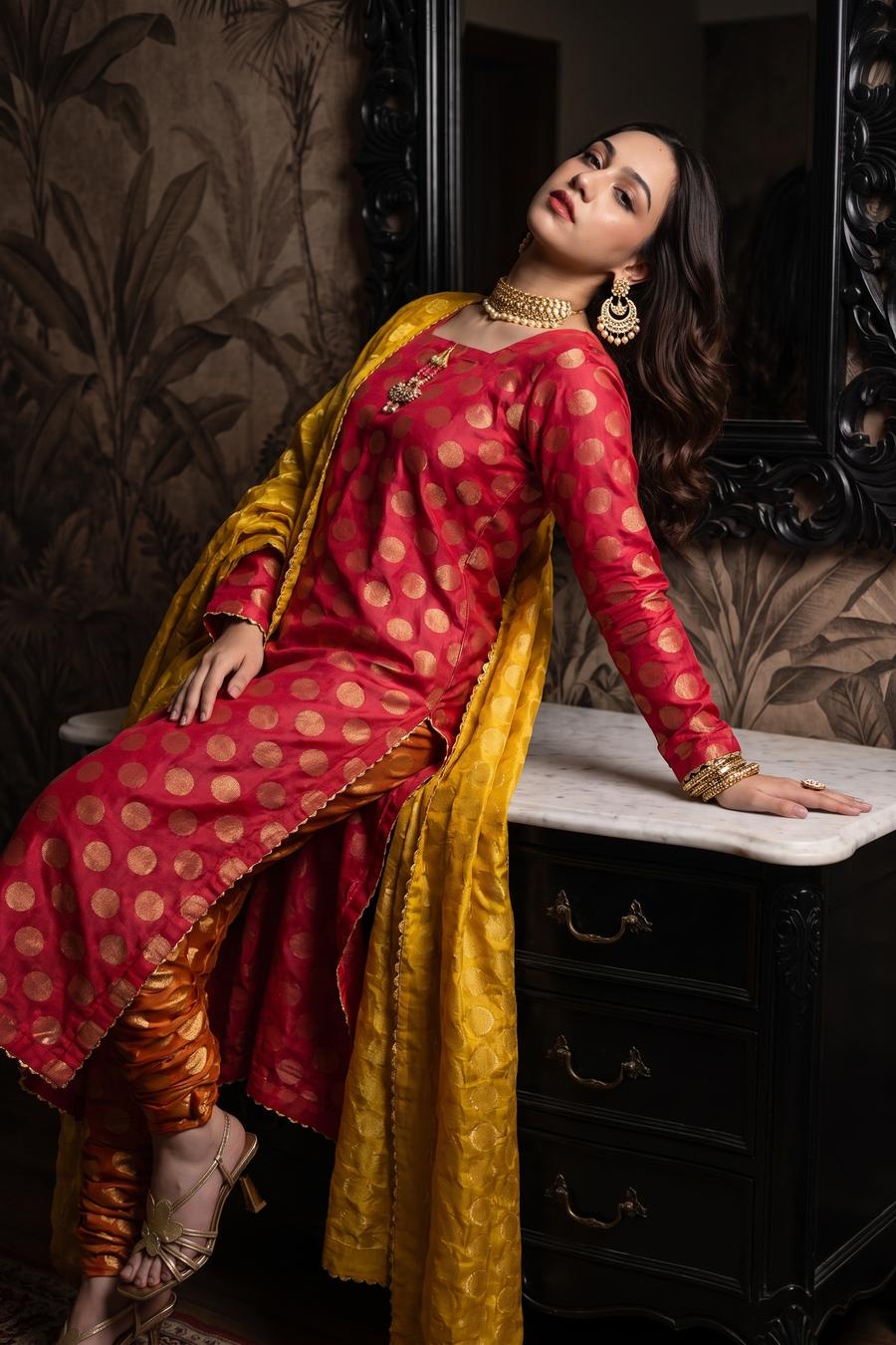 Red Gold Dot Long Shirt Orange Churidar Mustard Dupatta, styled full length view, detail 2