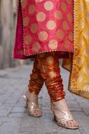 Red Gold Dot Long Shirt Orange Churidar Mustard Dupatta, styled full length view, detail 3