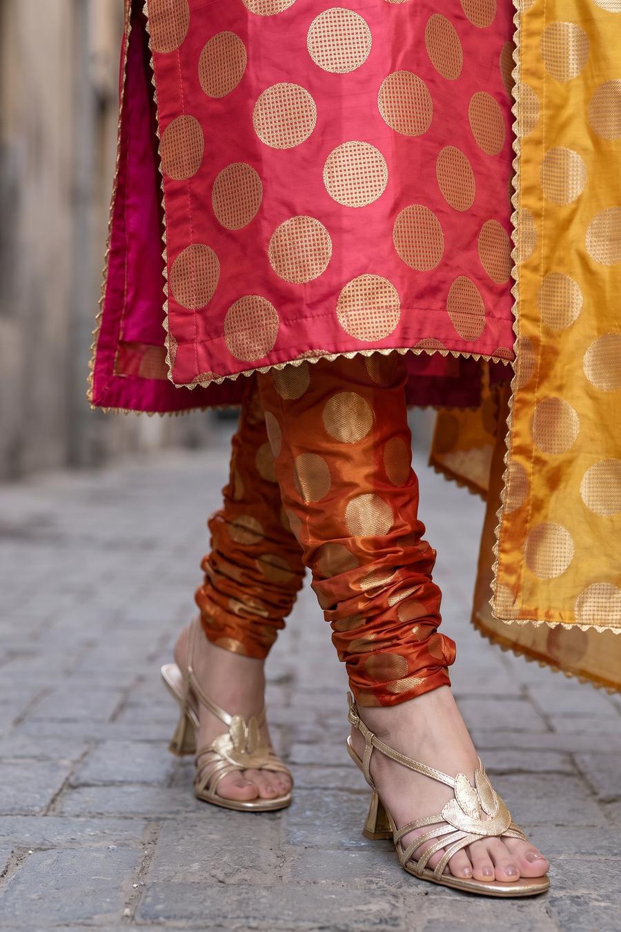 Red Gold Dot Long Shirt Orange Churidar Mustard Dupatta, styled full length view, detail 3