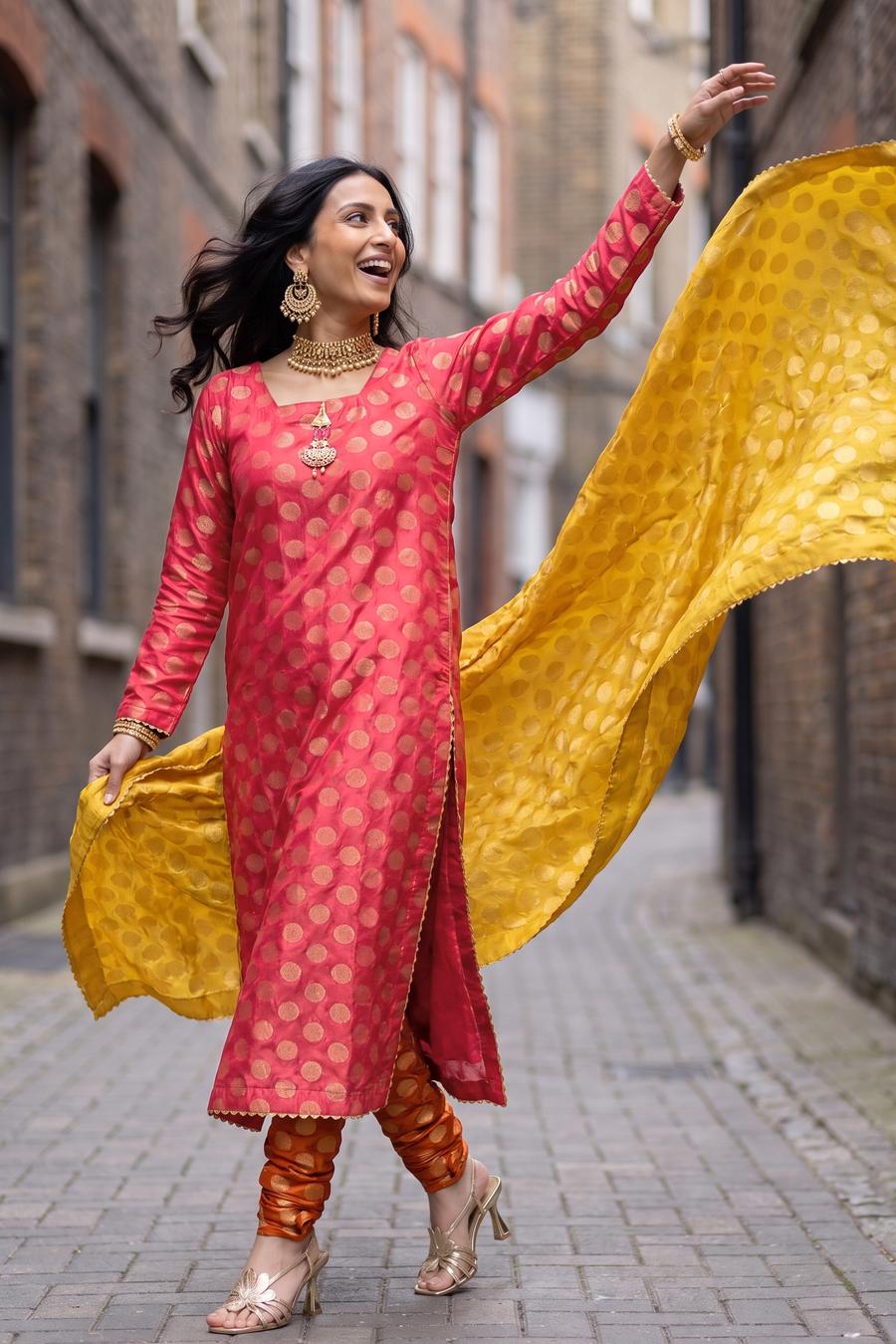 Red Gold Dot Long Shirt Orange Churidar Mustard Dupatta, shown in motion, detail 4