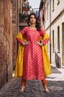 Red Gold Dot Long Shirt Orange Churidar Mustard Dupatta, full length front view