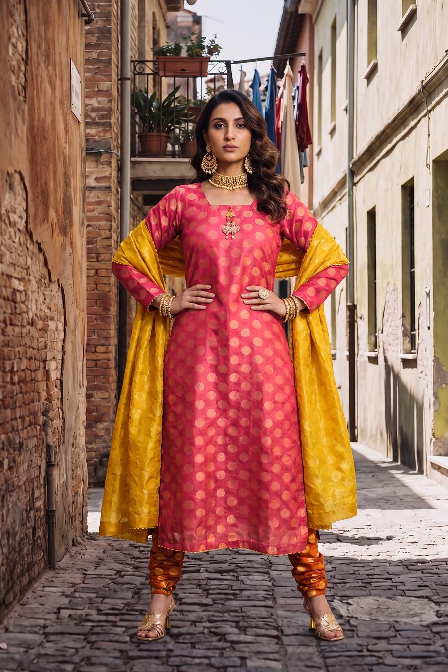 Red Gold Dot Long Shirt Orange Churidar Mustard Dupatta, full length front view