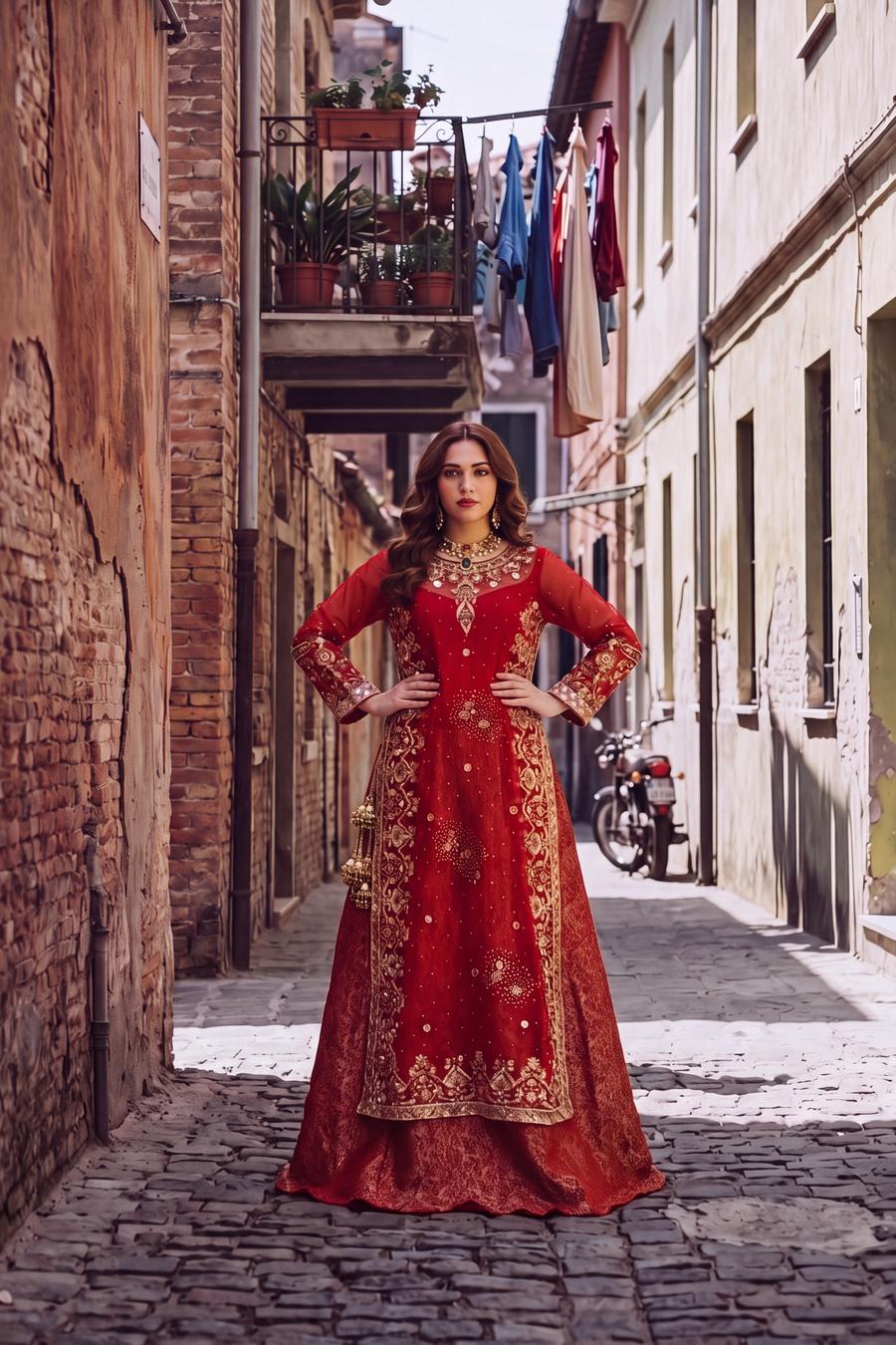 Red orange muqesh long shirt over a lehenga, gold embroidered panels, full length front view