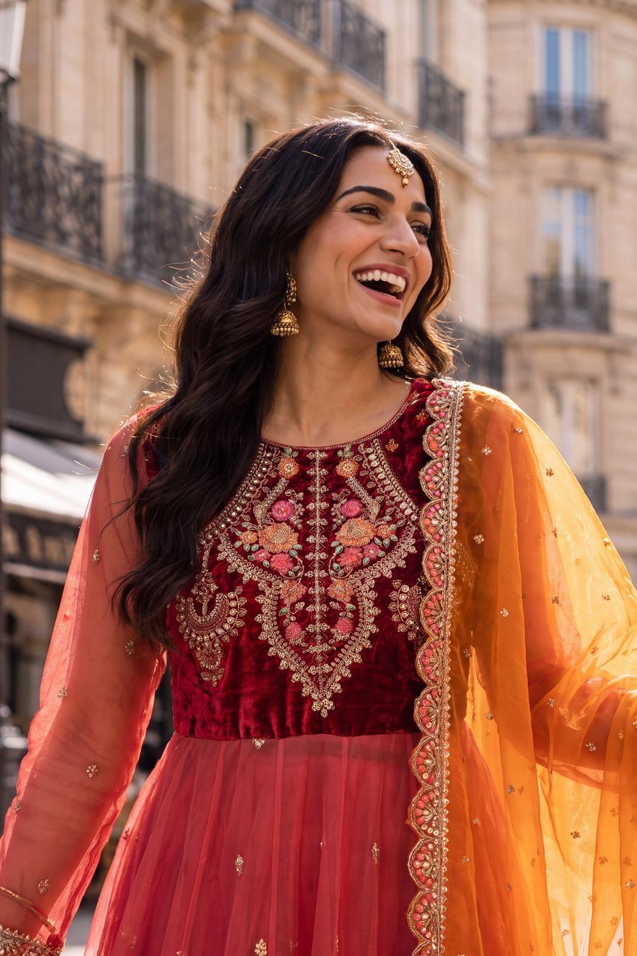 Red Orange Maria B Peshwas, detail view 1. Available to rent from Wear Wali.