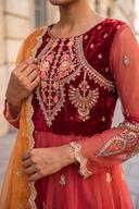 Red Orange Maria B Peshwas, detail view 2. Available to rent from Wear Wali.