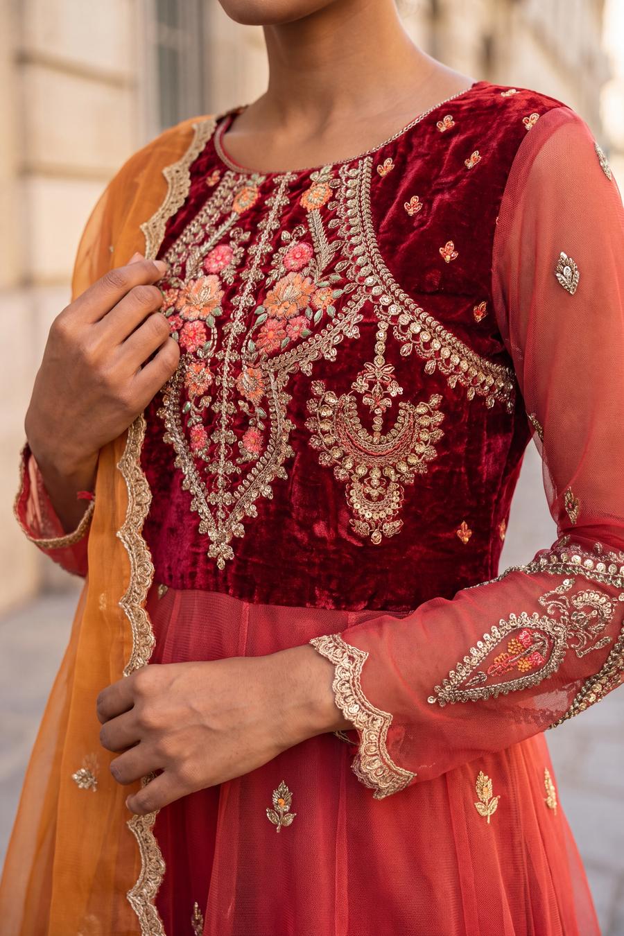 Red Orange Maria B Peshwas, detail view 2. Available to rent from Wear Wali.