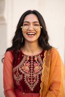 Red Orange Maria B Peshwas, detail view 5. Available to rent from Wear Wali.