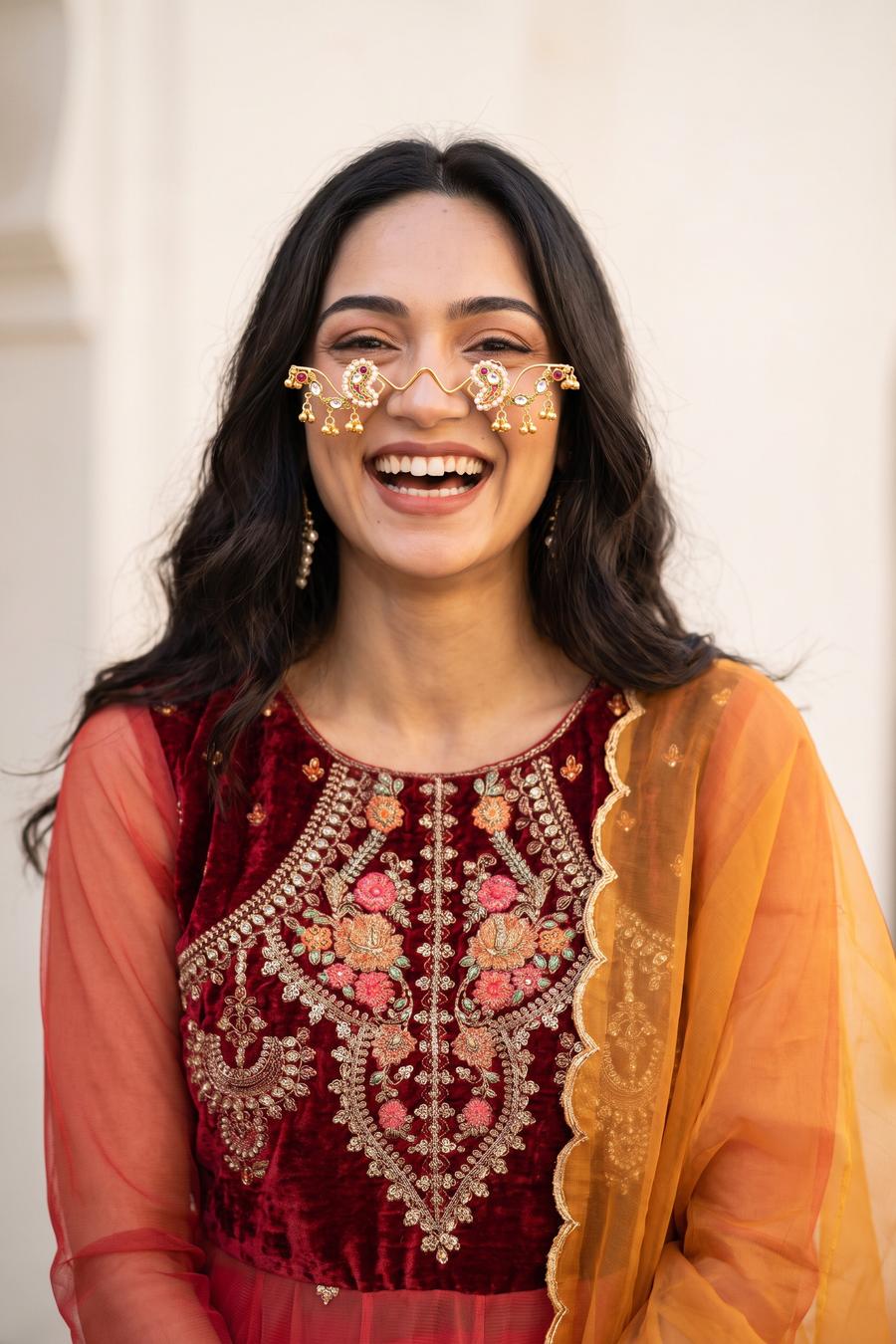 Red Orange Maria B Peshwas, detail view 5. Available to rent from Wear Wali.